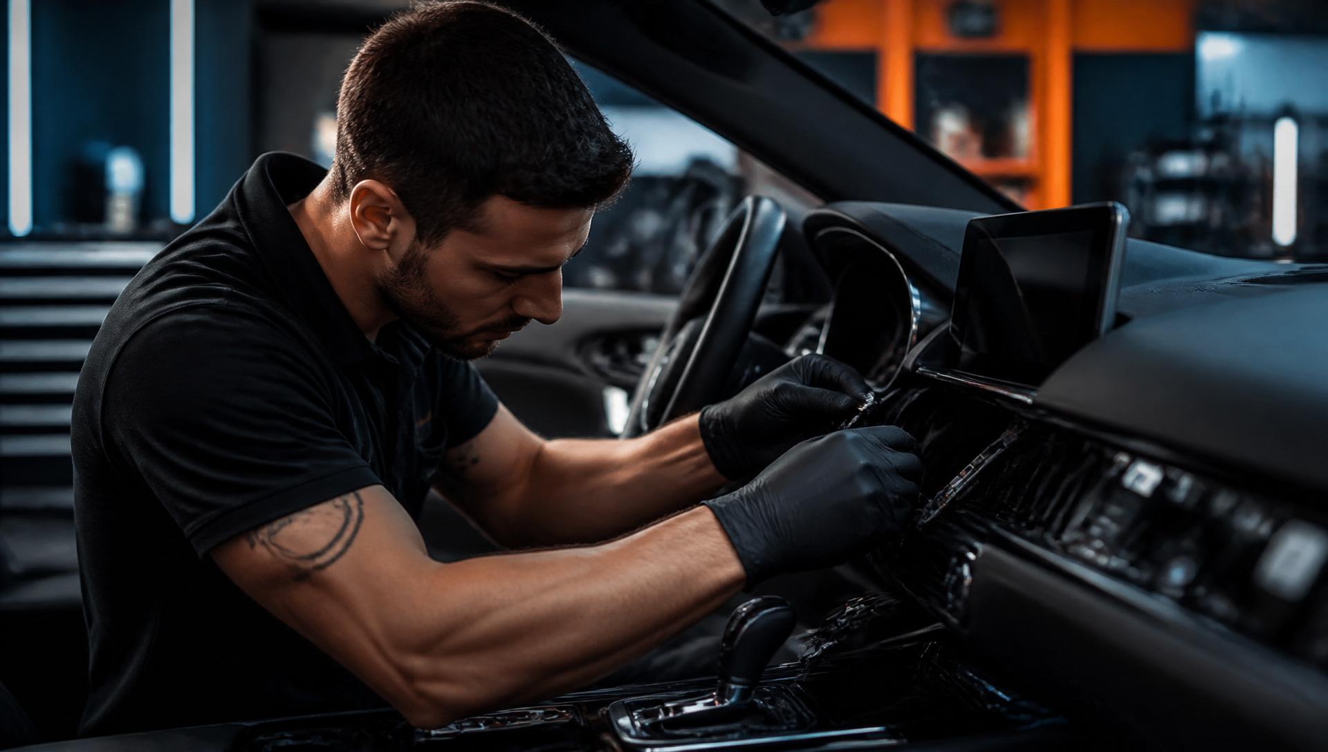 Técnico instalando acessórios automotivos